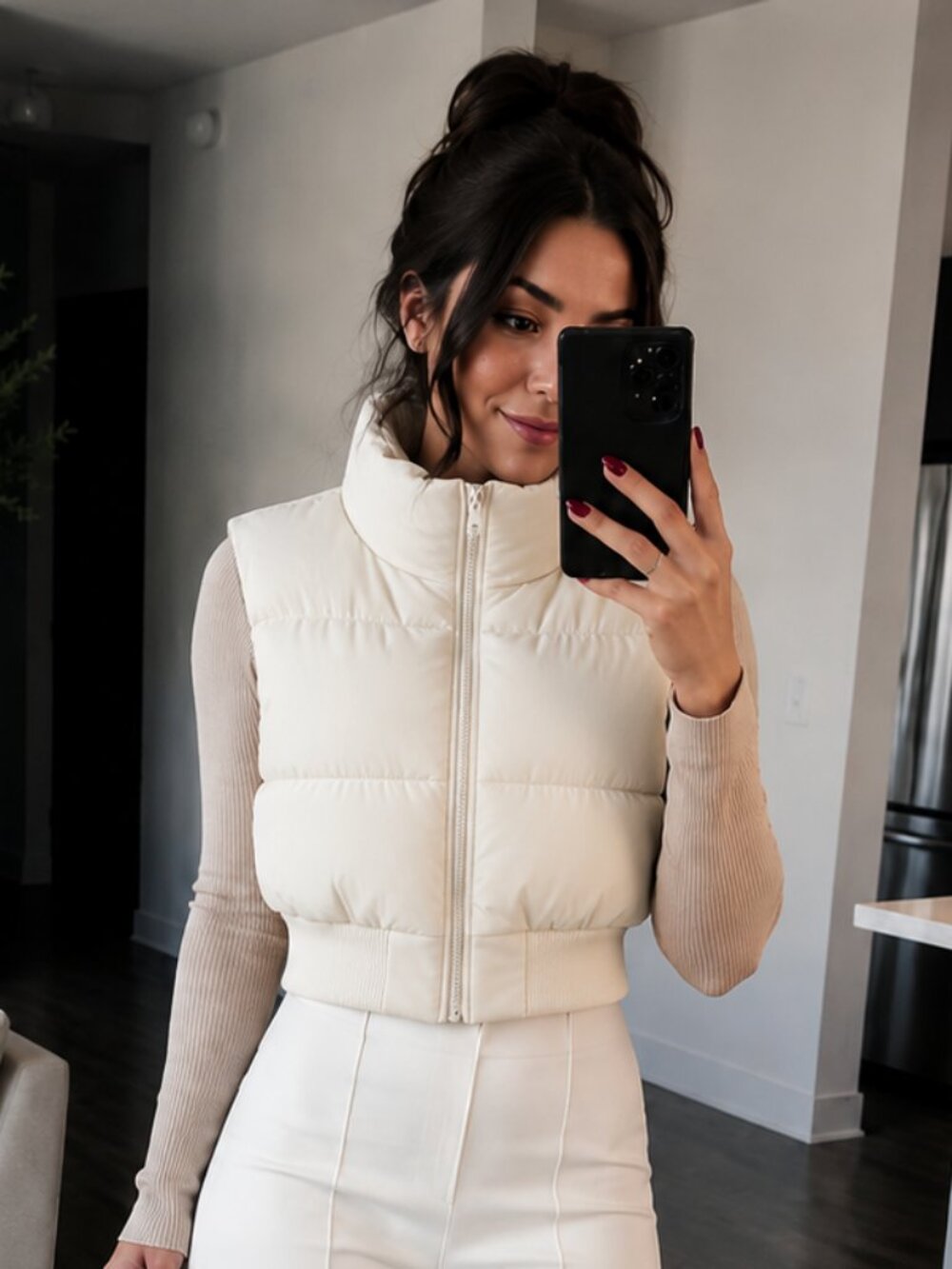 Cream Cropped Puffer Vest High Neck Zip Front Quilted